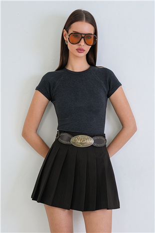 Kadın Antrasit Bisiklet Yaka Reglan Kol Likralı Örme Bluz Alc-X15388