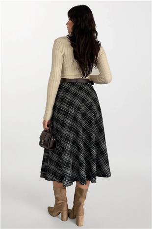 Kadın Antrasit Deri Kemerli Maxi Boy Desenli Çan Etek Alc-X15058