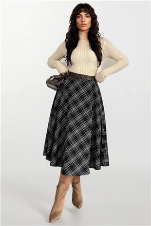 Kadın Antrasit Deri Kemerli Maxi Boy Desenli Çan Etek Alc-X15058