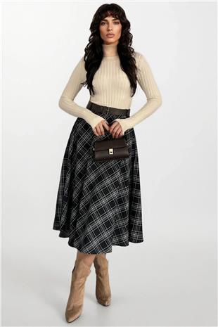 Kadın Antrasit Deri Kemerli Maxi Boy Desenli Çan Etek Alc-X15058