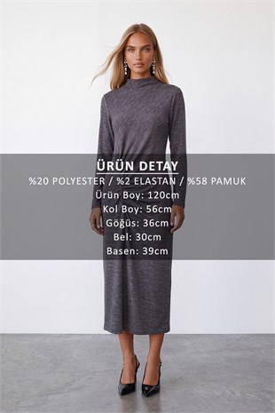 Dik Yaka Drape Detaylı Midi Boy Likralı Örme Elbise