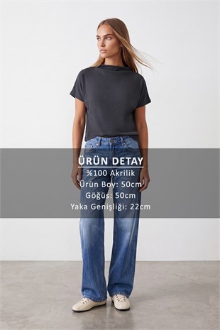 Kadın Antrasit Dik Yaka Yarım Kol Triko Bluz Alc-X14628