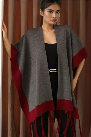 Kadın Antrasit Kontrast Şeritli Püsküllü Panço Alc-X14746