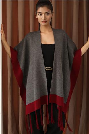 Kadın Antrasit Kontrast Şeritli Püsküllü Panço Alc-X14746