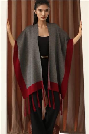 Kadın Antrasit Kontrast Şeritli Püsküllü Panço Alc-X14746