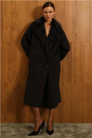 Kadın Antrasit Çıkarılabilinir Kürk Yaka Düğme Kapamalı Kaşe Kaban VS01538