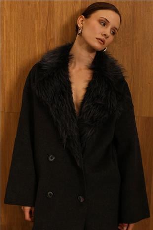 Kadın Antrasit Çıkarılabilinir Kürk Yaka Düğme Kapamalı Kaşe Kaban VS01538