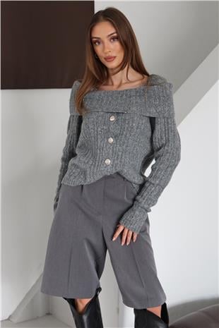 Kadın ANTRASİT Madonna Yaka Düğmeli Triko Bluz VS01471