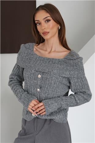 Kadın ANTRASİT Madonna Yaka Düğmeli Triko Bluz VS01471