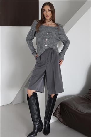 Kadın ANTRASİT Madonna Yaka Düğmeli Triko Bluz VS01471