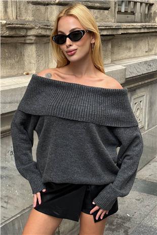 Kadın ANTRASİT Madonna Yaka Uzun Kollu Triko Elbise VS01542