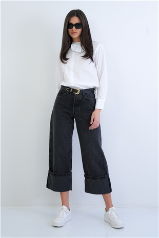 Kadın Antrasit Yüksek Bel Likralı Jean Palazzo Pantolon Alc-X15290