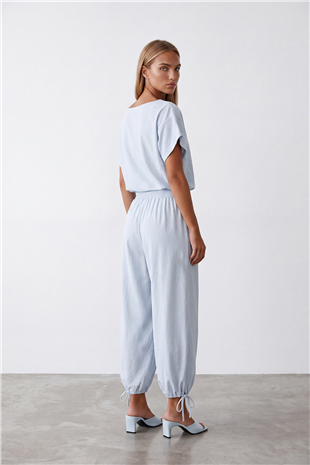 Kadın Bebe Mavi Beli Gipeli Paçası Bağcık Detaylı Pantolon Ve Bluz Dokuma Takım Alc-X15567