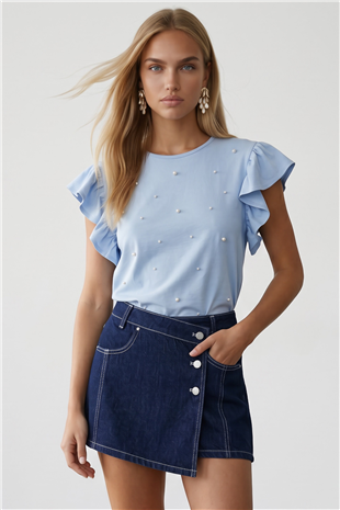 Kadın Bebe Mavi Bisiklet Yaka Volanlı İncili Bluz Alc-X15531