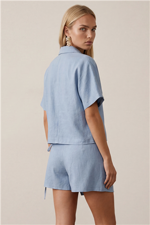 Kadın Bebe Mavi Ceket Yaka Oversize Keten Gömlek Ve Bağlamalı Şort Etek Takım Alc-X13941