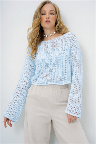 Kadın Bebe Mavi Kayık Yaka Delik Ajurlu Triko Yazlık Kazak Alc-X13999