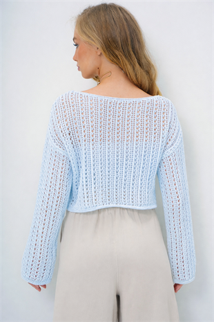 Kadın Bebe Mavi Kayık Yaka Delik Ajurlu Triko Yazlık Kazak Alc-X13999