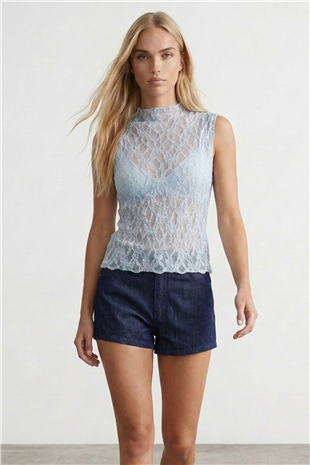 Kadın Bebe Mavi Kolsuz Dantelli Bluz Alc-X15477