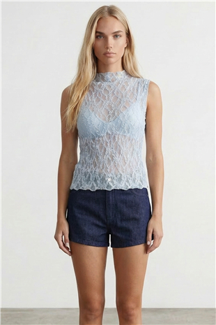 Kadın Bebe Mavi Kolsuz Dantelli Bluz Alc-X15477