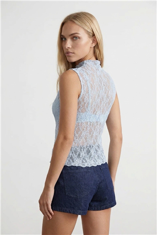 Kadın Bebe Mavi Kolsuz Dantelli Bluz Alc-X15477