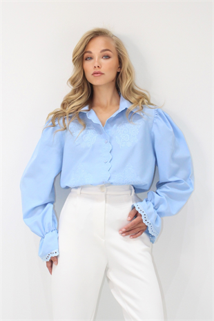 Kadın Bebe Mavi Prenses Kol Güpür Nakışlı Dokuma Gömlek Alc-X7829