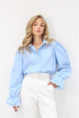 Kadın Bebe Mavi Prenses Kol Güpür Nakışlı Dokuma Gömlek Alc-X7829