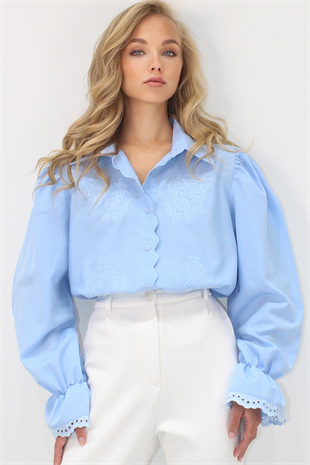 Kadın Bebe Mavi Prenses Kol Güpür Nakışlı Dokuma Gömlek Alc-X7829