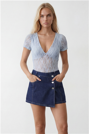 Kadın Bebe Mavi V Yaka Göğüs Astarlı Çıtçıtlı Dantel Bluz Alc-X15476