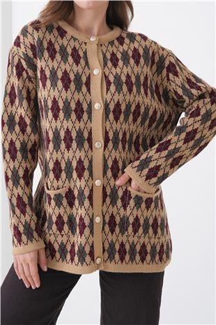 Kadın BEJ Baklava Desenli Düğmeli Cepli Triko Hırka VS01445