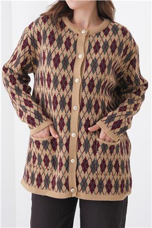 Kadın BEJ Baklava Desenli Düğmeli Cepli Triko Hırka VS01445