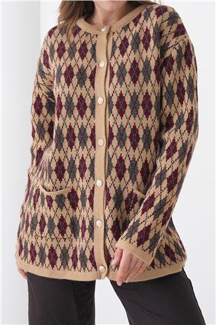 Kadın BEJ Baklava Desenli Düğmeli Cepli Triko Hırka VS01445