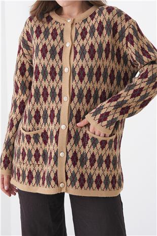 Kadın BEJ Baklava Desenli Düğmeli Cepli Triko Hırka VS01445