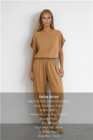 Kadın Bej Beli Gipeli Paçası Bağcık Detaylı Pantolon Ve Bluz Dokuma Takım Alc-X15567