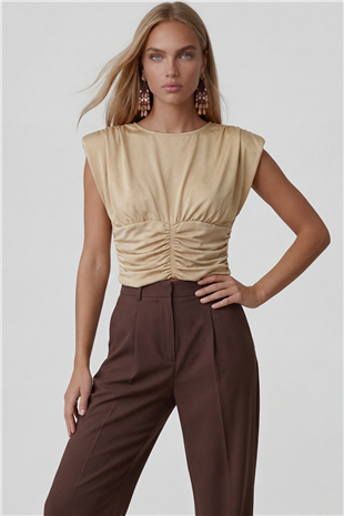Kadın Bej Bisiklet Yaka Drape Detaylı Vatkalı Sandy Bluz Alc-X15485