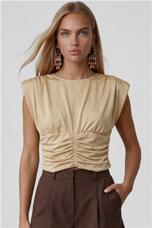 Kadın Bej Bisiklet Yaka Drape Detaylı Vatkalı Sandy Bluz Alc-X15485