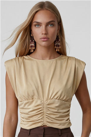 Kadın Bej Bisiklet Yaka Drape Detaylı Vatkalı Sandy Bluz Alc-X15485
