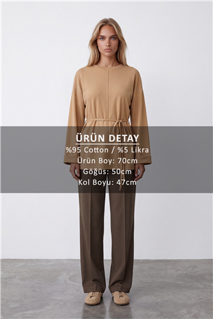 Kadın Bej Bisiklet Yaka Duble Manşetli Bağlama Detaylı Bluz Alc-X14715
