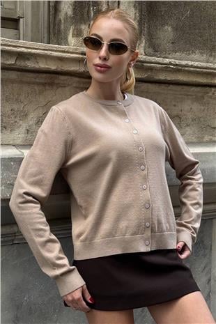 Kadın BEJ Bisiklet Yaka Düğmeli Triko Hırka VS01640