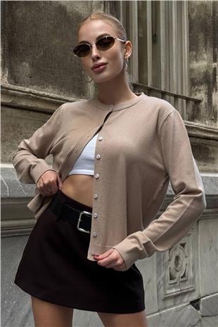 Kadın BEJ Bisiklet Yaka Düğmeli Triko Hırka VS01640