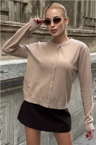 Kadın BEJ Bisiklet Yaka Düğmeli Triko Hırka VS01640