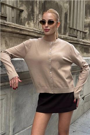 Kadın BEJ Bisiklet Yaka Düğmeli Triko Hırka VS01640