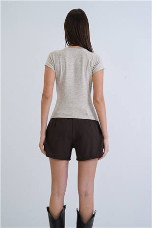 Kadın Bej Bisiklet Yaka Reglan Kol Likralı Örme Bluz Alc-X15388