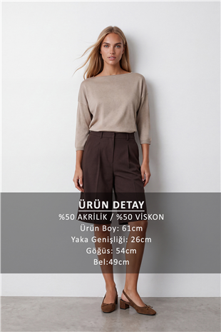 Kadın Bej Bisiklet Yaka Yarım Kol Triko Bluz Alc-X15655