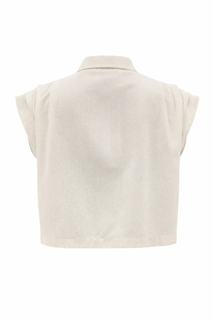 Kadın Bej Çift Cepli Omuzları Pileli Kolsuz Premium Keten Gömlek Alc-X15472