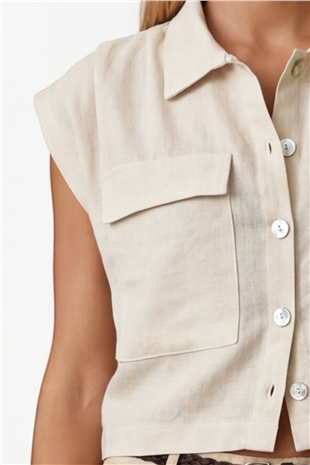 Kadın Bej Çift Cepli Omuzları Pileli Kolsuz Premium Keten Gömlek Alc-X15472