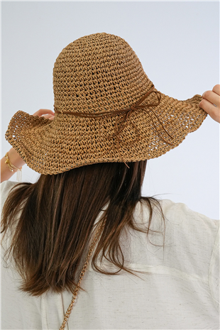Kadın Bej Deri Fiyonklu Hasır Örme Plaj Şapka Alc-X15391