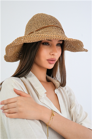 Kadın Bej Deri Fiyonklu Hasır Örme Plaj Şapka Alc-X15391