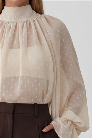 Kadın Bej Dik Yaka Pelerin Kesim Prenses Kol Şifon Bluz Alc-X14853