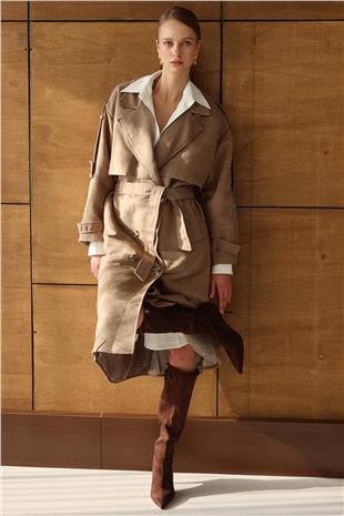 Kadın BEJ Düğme Kapamalı Kuşaklı Trençkot VS01431