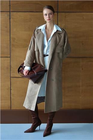 Kadın BEJ Düğme Kapamalı Kuşaklı Trençkot VS01431